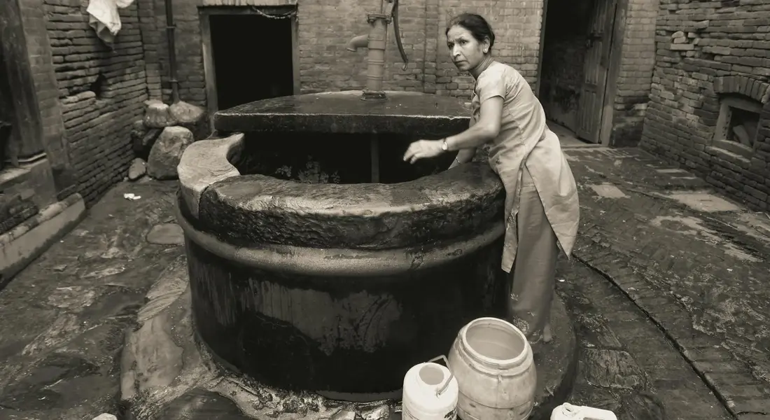 A woman stands by a large circular stone well in a rustic courtyard.