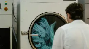 A technician in a white coat stands beside a front-loading washing machine with its door open, clothes visible inside, illustrating the washing process.