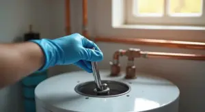 Gloved hand using a tool to loosen the anode rod at the top of a water heater.