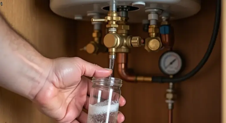Hand operating a bleed valve on a water heater while a jar collects water and air