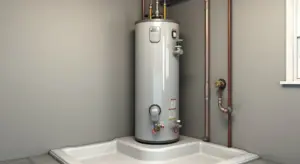 A tall water heater sits in a rectangular drain pan in a utility room, with copper piping and a nearby window.