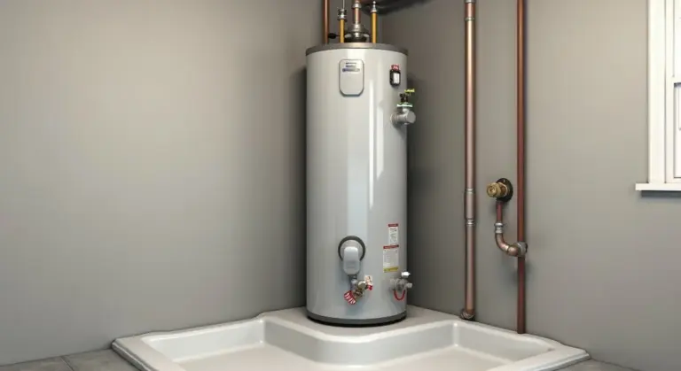 A tall water heater sits in a rectangular drain pan in a utility room, with copper piping and a nearby window.