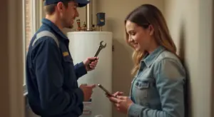 Plumber and homeowner standing near a water heater; the homeowner holds a smartphone while the plumber holds a wrench.