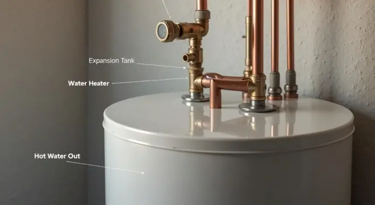 Close-up of a residential water heater with an expansion tank and copper pipes, showing labeled components: Expansion Tank, Water Heater, and Hot Water Out.