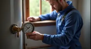 A technician checks a water heater pressure gauge to diagnose pressure-related issues in a home.