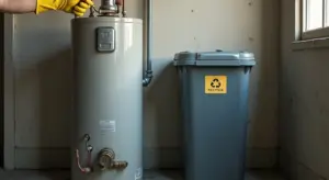 Old water heater beside a recycling bin in a utility room