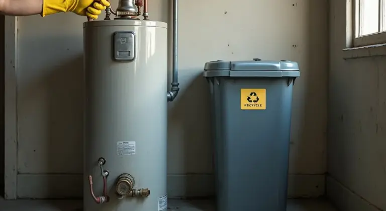 Old water heater beside a recycling bin in a utility room