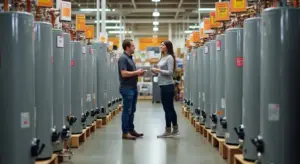 Two customers discuss hot water tanks in a showroom lined with tall water heaters.