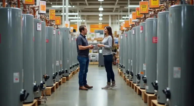 Two customers discuss hot water tanks in a showroom lined with tall water heaters.