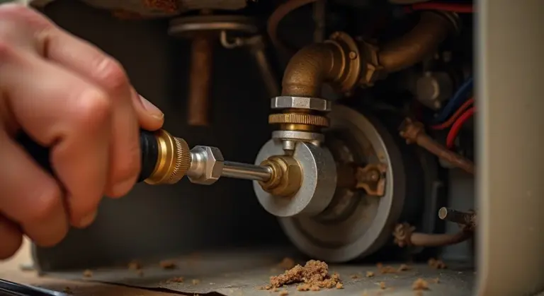 Close-up of a hand using a wrench on the thermocouple connection of a gas water heater, with the burner and gas line visible in the background.