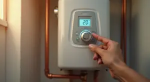 Close-up of a hand turning the thermostat dial on a water heater, with a digital display showing the temperature.