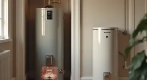 Two water heaters in a utility closet, a traditional metal tank on the left and a white tankless unit on the right.