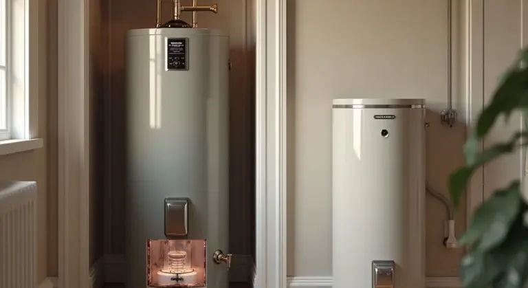 Two water heaters in a utility closet, a traditional metal tank on the left and a white tankless unit on the right.