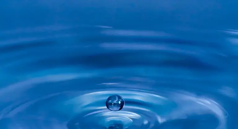 Close-up of a single water droplet on blue water, forming concentric ripples