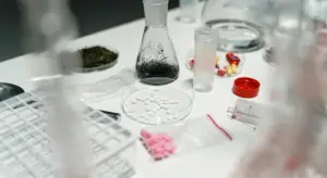Lab bench with purification tablets, a Petri dish, beakers, and glassware used to study water treatment tablets.