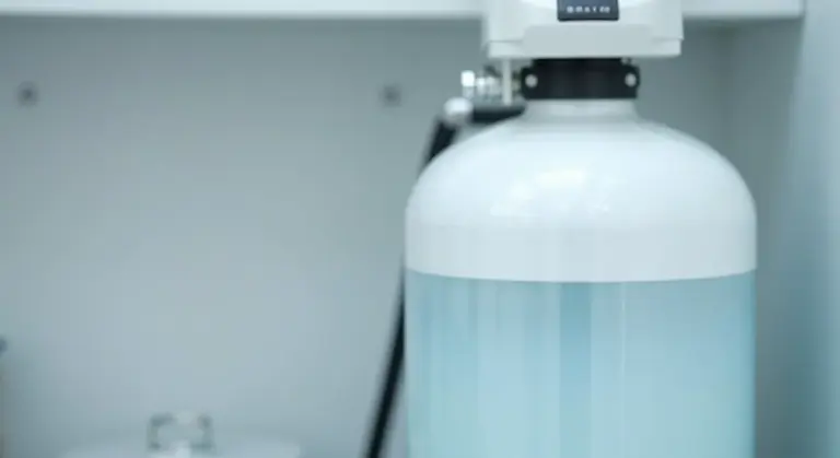 Close-up of a water softener brine tank showing the water level inside the tank.