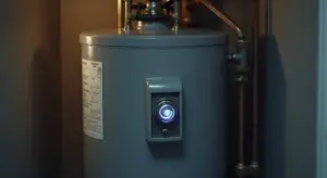 Residential gas water heater with a glowing pilot light window and connected gas lines