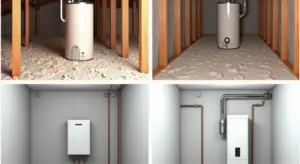 Four-panel collage showing different water heater installation locations: two crawl-space setups with gravel floors, a utility closet with a wall-mounted water heater, and a wall-mounted tankless unit, illustrating placement considerations and clearance.
