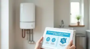 A person holds a tablet displaying information about tax deductions, credits, and rebates for water heaters in a home utility room.