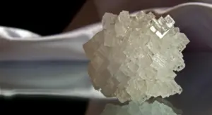 Close-up of large translucent salt crystals being held by a gloved hand