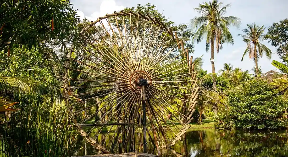 A large wooden water wheel in a pond, surrounded by lush tropical plants and trees.
