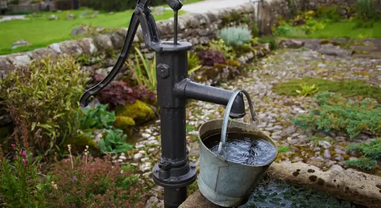 Traditional hand-operated water pump in a garden with a metal bucket collecting water.