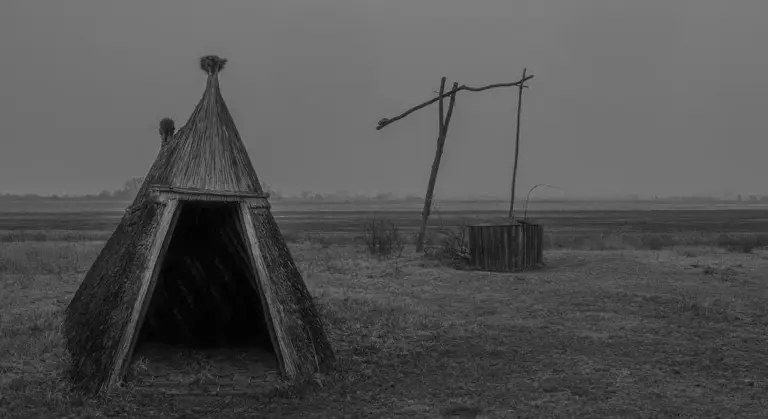 Desolate rural scene with a small wooden well and a simple shelter in a flat, dry landscape