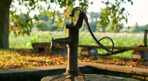 A vintage hand-crank water pump outdoors with a spout, set in a rural yard with greenery in the background.