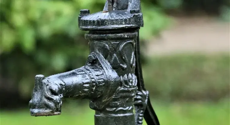 Close-up image of a metal well pump valve with a spigot, outdoors with a blurred green background.