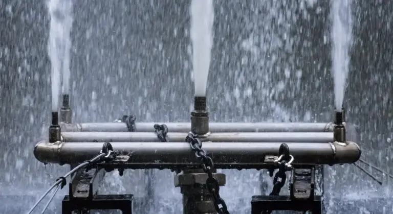 Close-up of a water pressure tank assembly with pipes and valves.