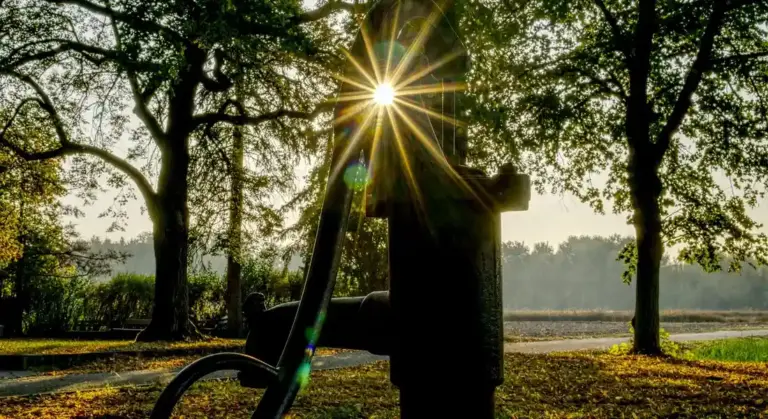 Close-up of a traditional hand water pump with sunlight streaming through the handle, set among trees and a park-like landscape.